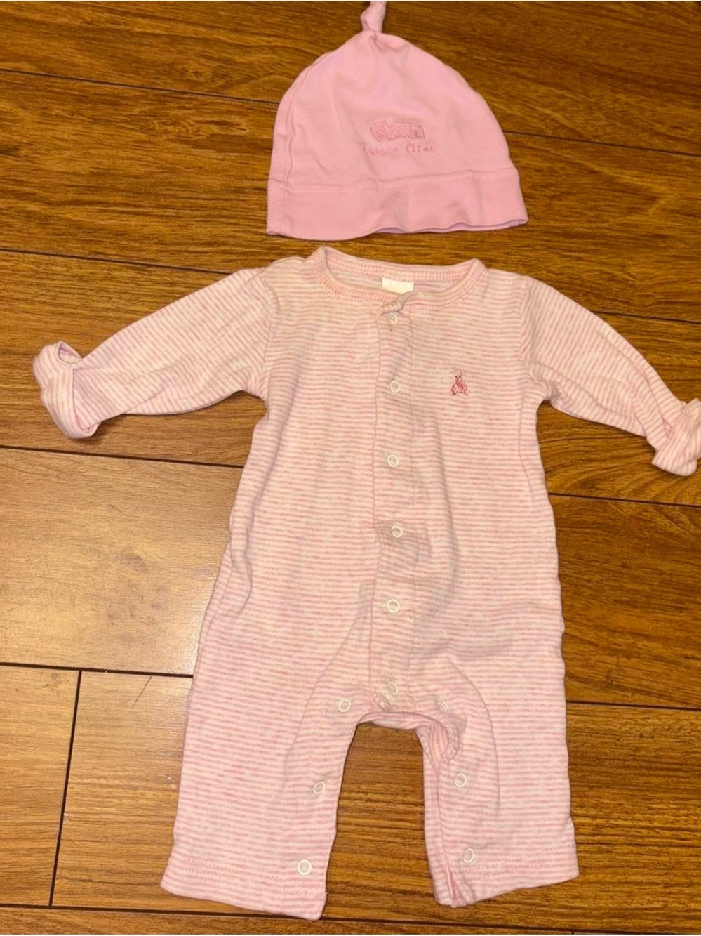 Vintage preemie onesie with pink stripes and bear